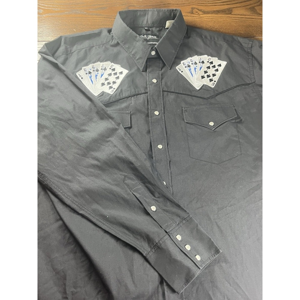White Horse Pearl Snap Shirt Embroidered Spade Poker Card Royal Flush Casino XL